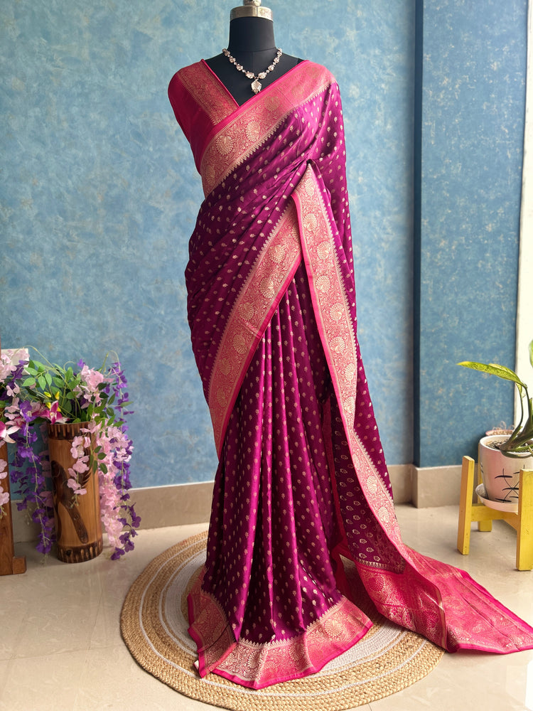 Jazzberry and  Pink Shaded Crepe Banarasi Sari