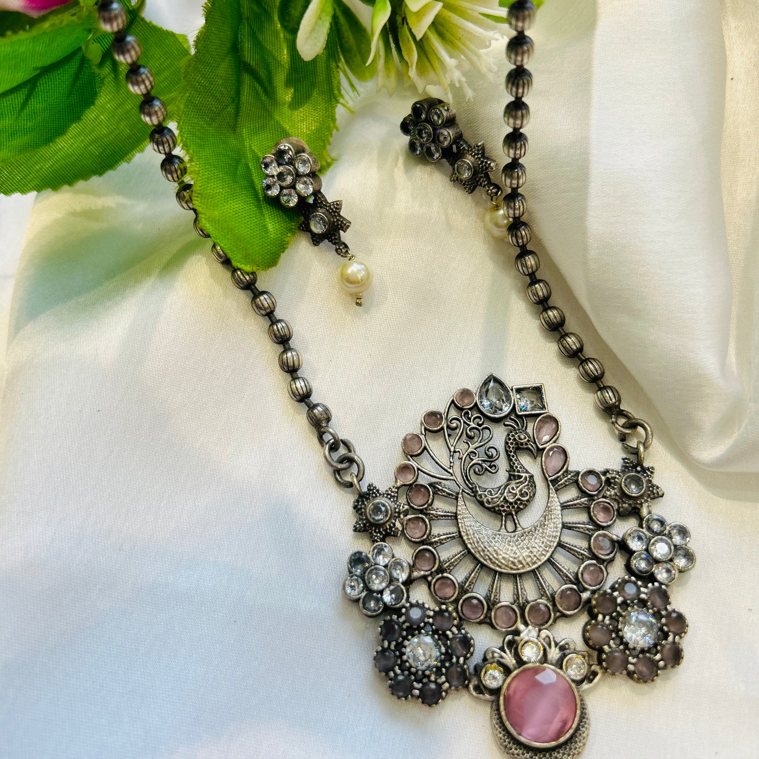 Peacock Pink Stone Oxidised Necklace Set — view 3