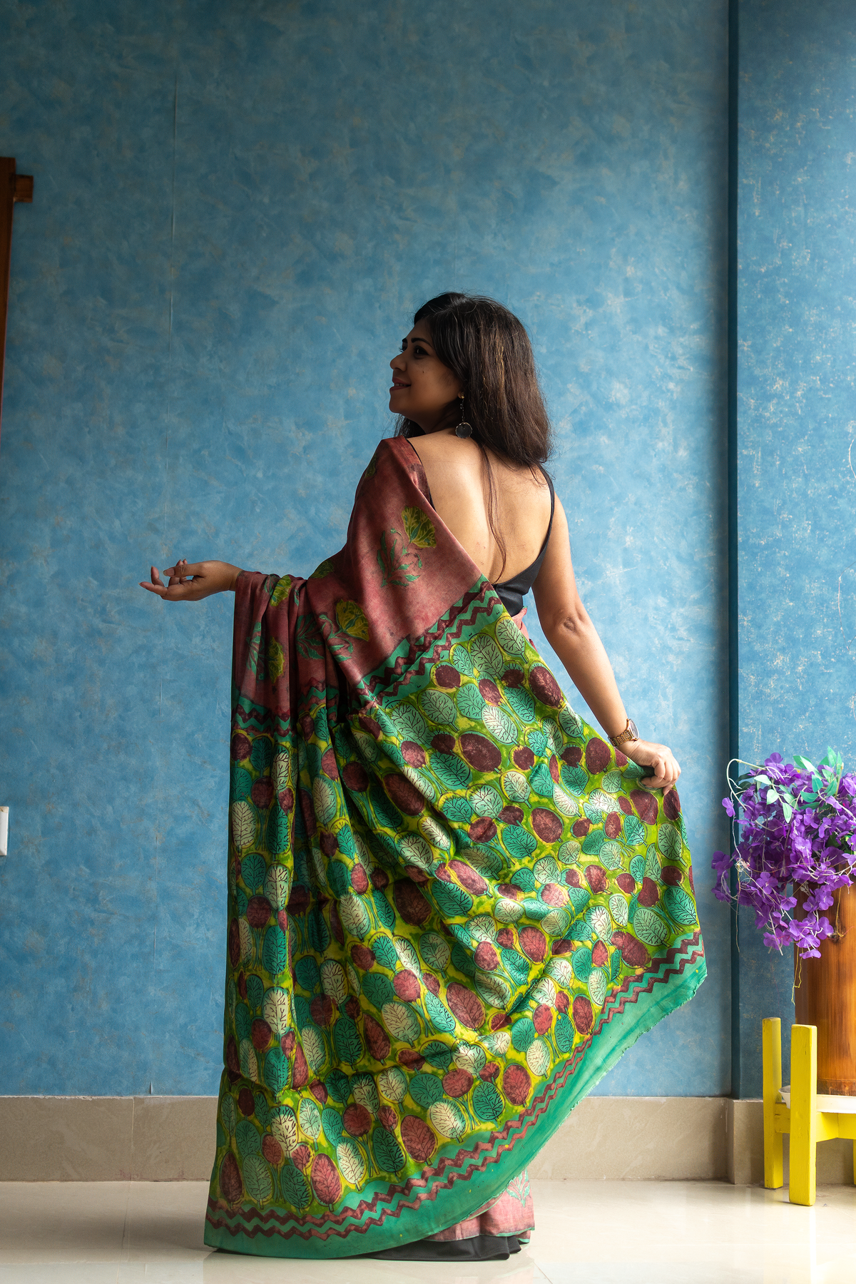 Autumn Leaf Modal Tussar Ajrakh Saree — view 2