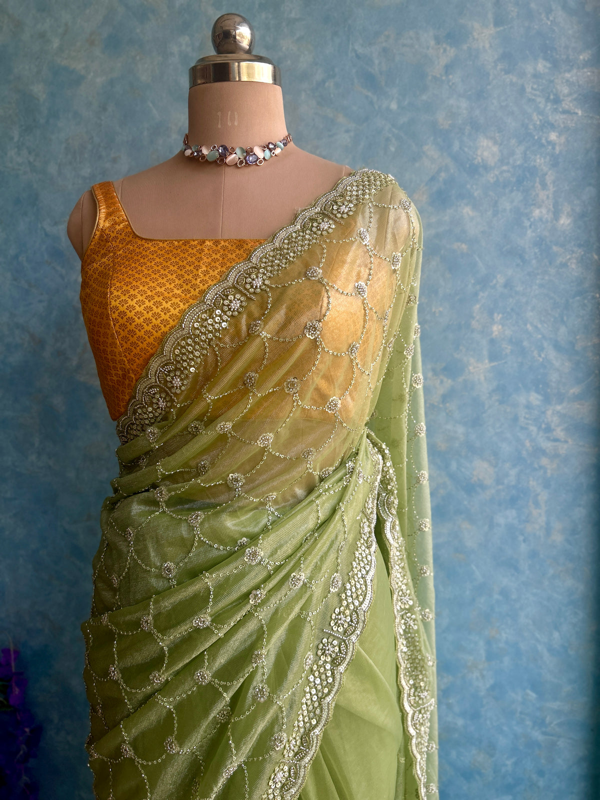 Sheen Green Hand Embroidery on Tissue Sari — view 6
