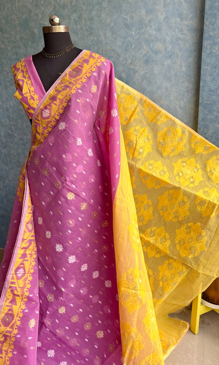 Lavender Pink - Yellow Dhakai Jamdani
