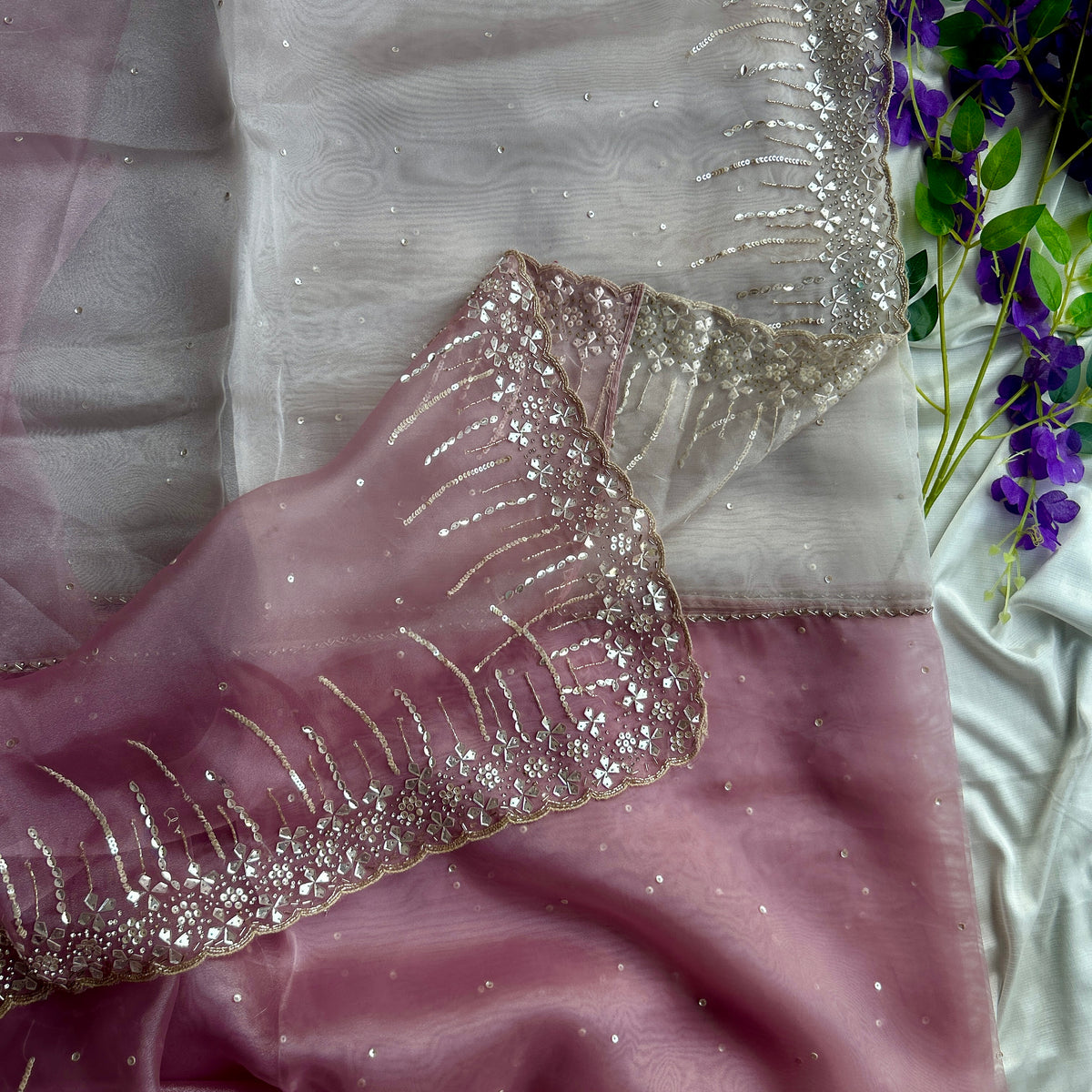 Plum and Perl Colour Hand Embroidery on Organza Sari — view 3
