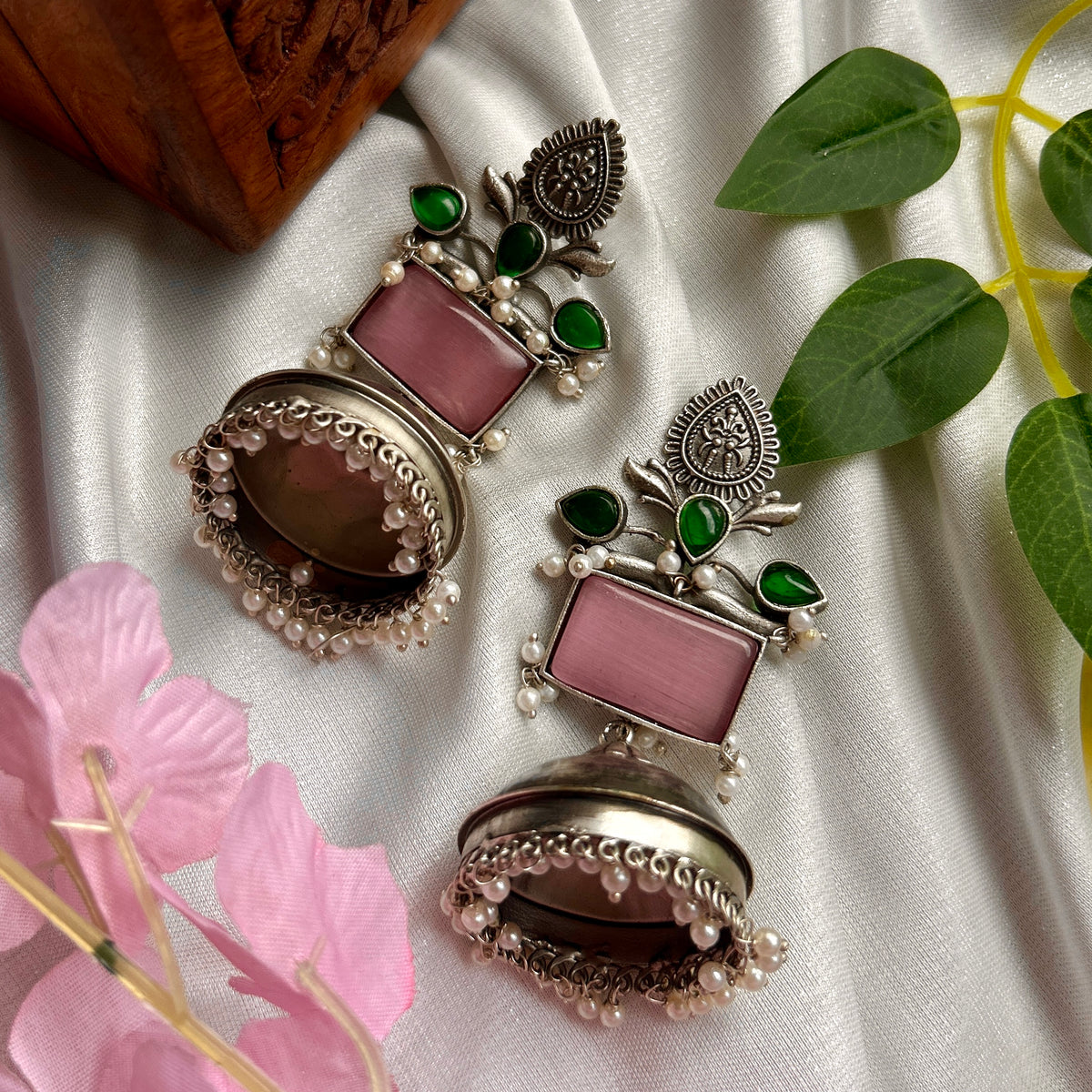 Baby Pink Silver Oxidised Jhumka — view 2