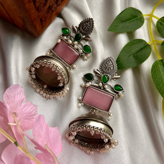 Baby Pink Silver Oxidised Jhumka