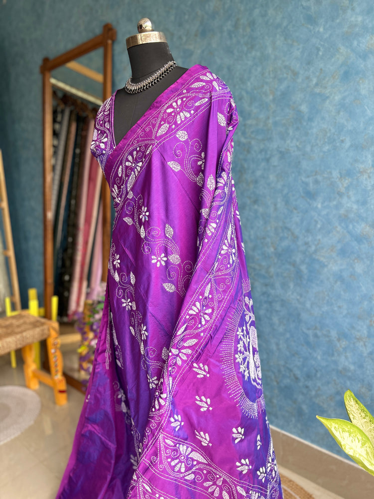 Orchid - Kantha Stitched Blended Silk Saree