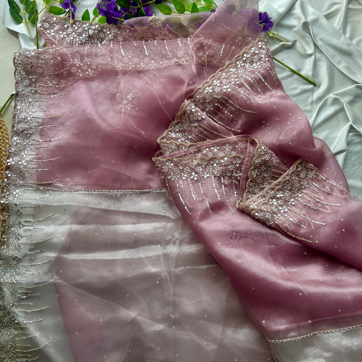 Plum and Perl Colour Hand Embroidery on Organza Sari — view 6