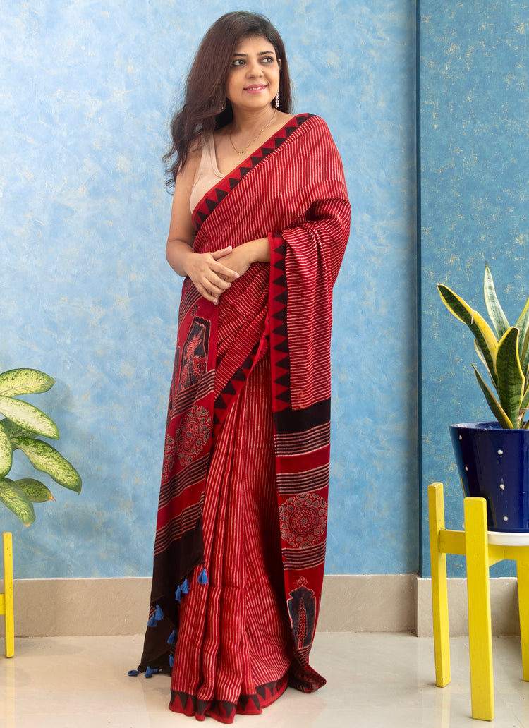 MAROON RED AJRAK BLOCK PRINTED MODAL SILK SARI