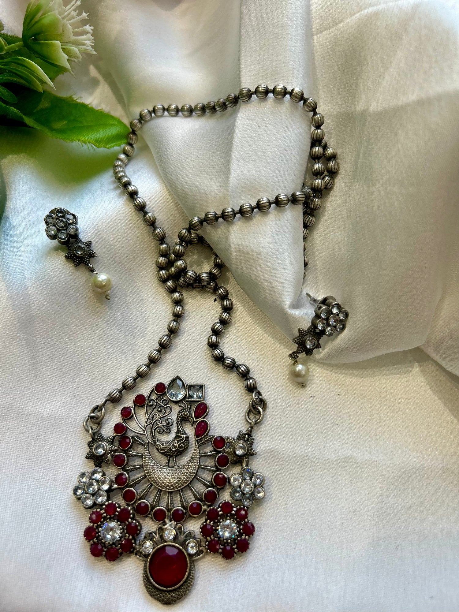 Peacock Pink Stone Oxidised Necklace Set