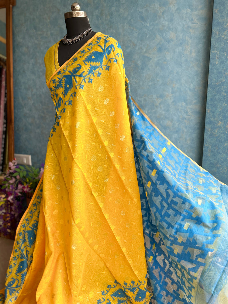 Yellow and Blue Soft Dhakai Jamdani