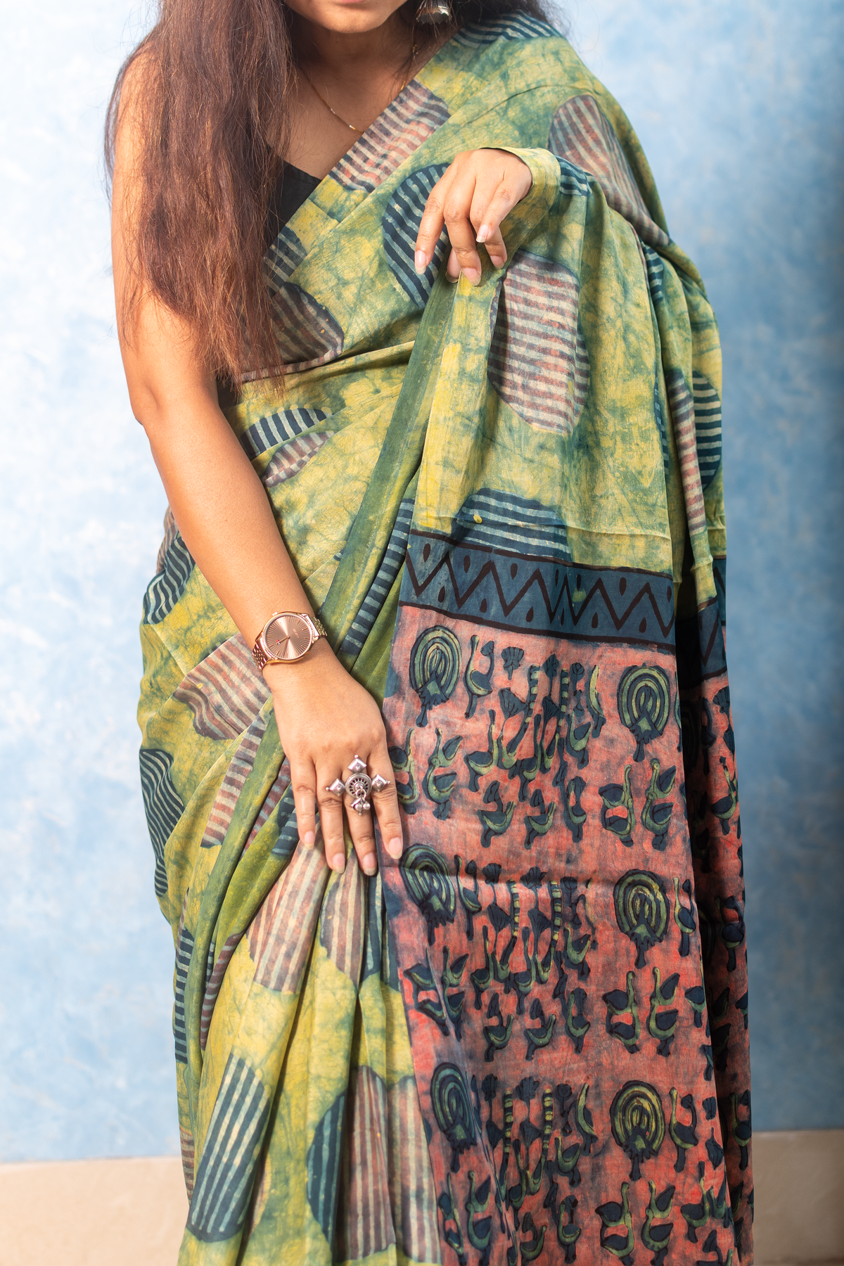Contemporary Abstract Modal Tussar Ajrakh Saree — view 5