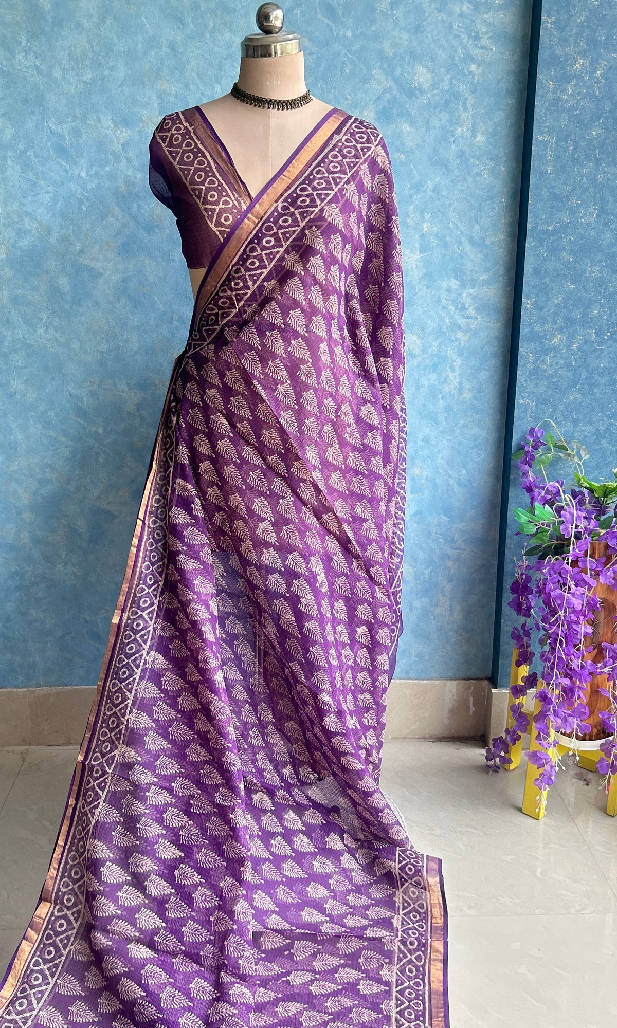 Purple HandBlock Printed Kota Sari — view 2