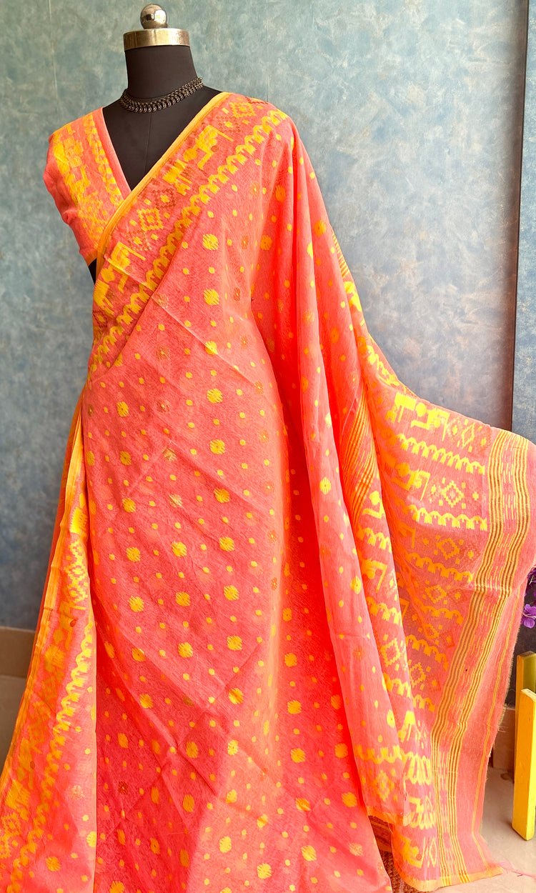 Coral Peach & Yellow Dhakai Jamdani