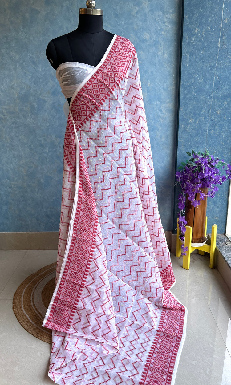 White Red Dhakai Jamdani
