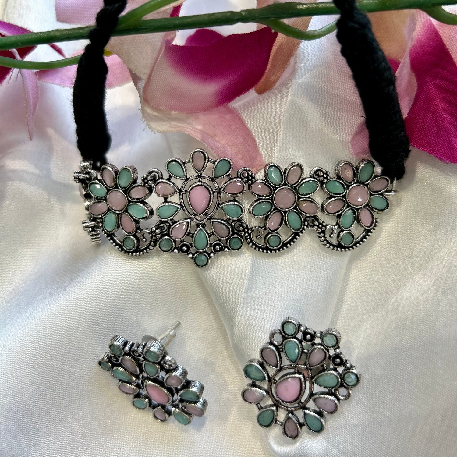 Pastle Shades Oxidised Choker Set — view 2