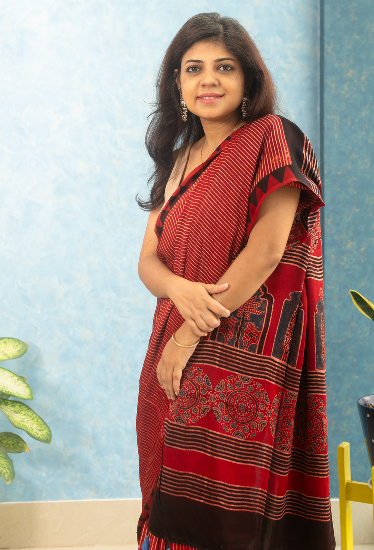 MAROON RED AJRAK BLOCK PRINTED MODAL SILK SARI