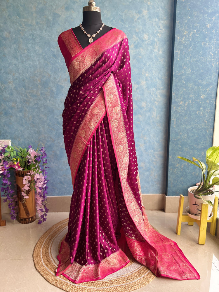 Jazzberry and  Pink Shaded Crepe Banarasi Sari