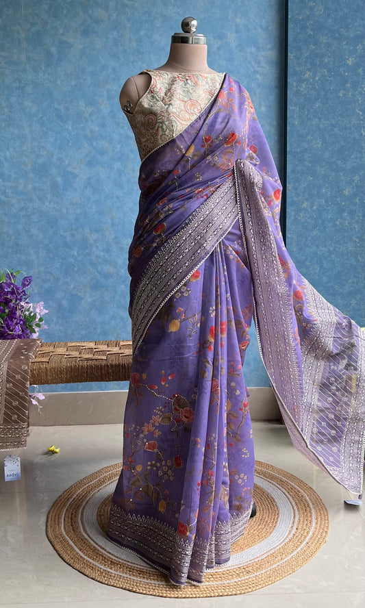 Lavender Digital Printed Chanderi Sari