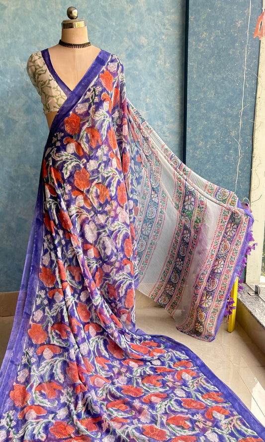 Purple Chiffon Handblock Printed Saree