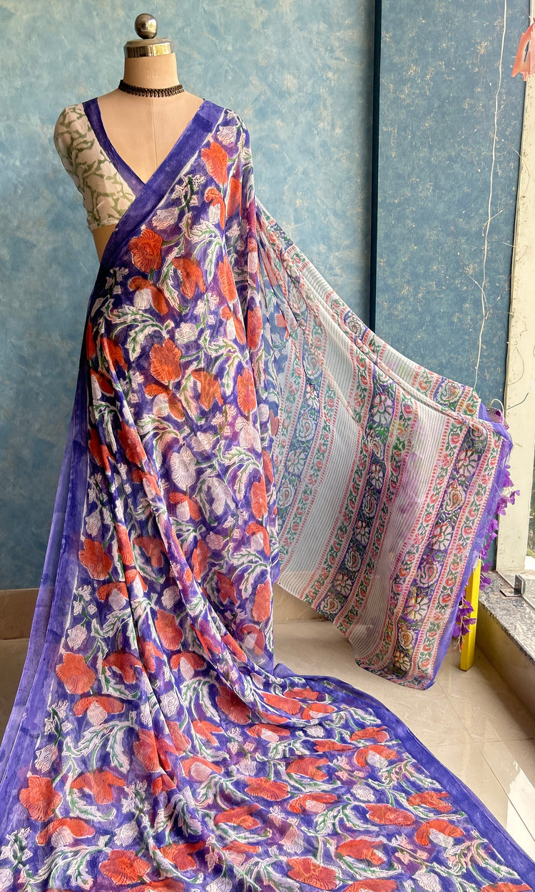 Purple Chiffon Handblock Printed Saree