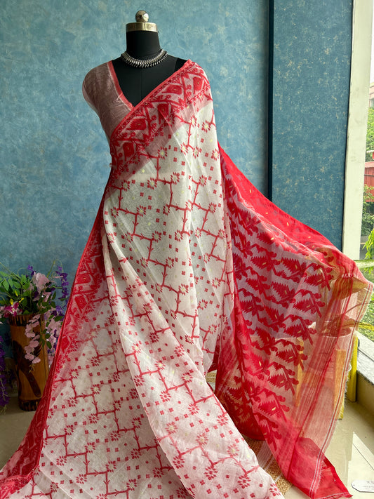 Red White Soft Dhakai Jamdani