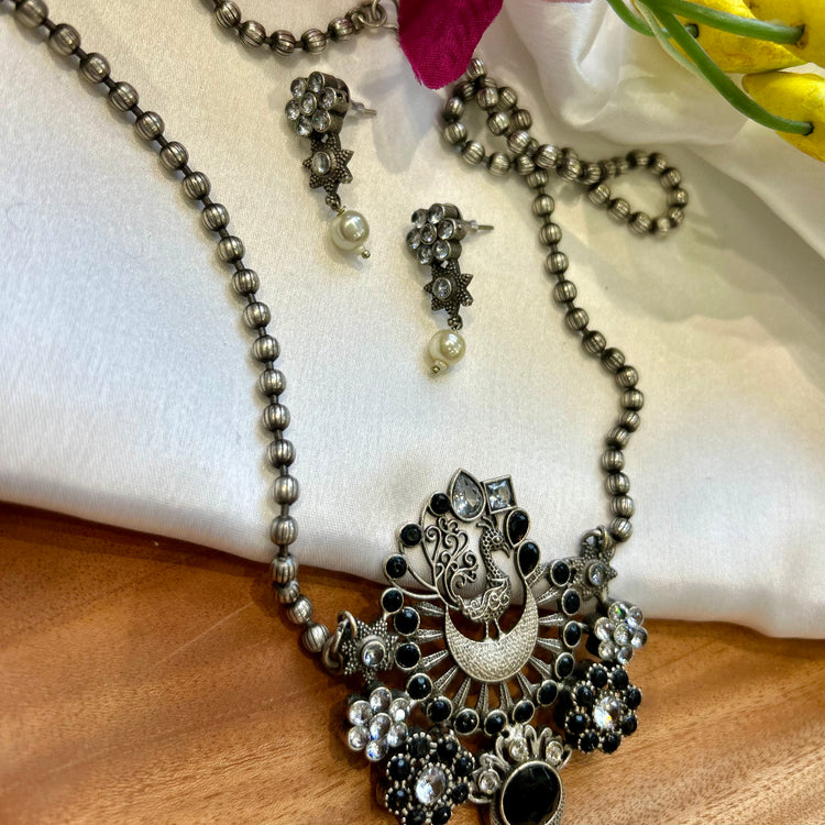 Peacock Black Stone Oxidised Necklace Set