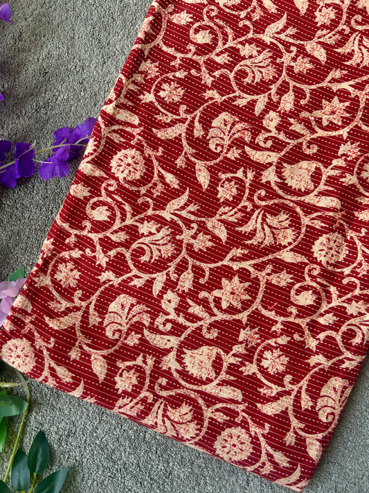 Red Ajrakh Print with kantha stitch on Cotton Fabric