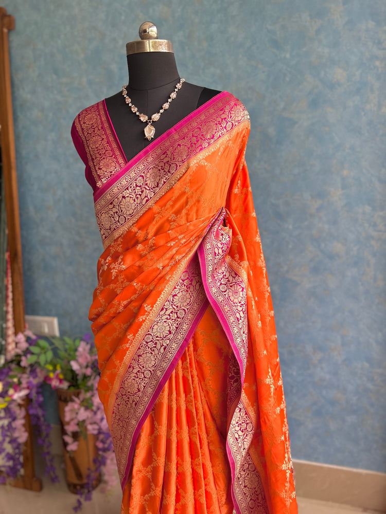 Pink Orange Shaded Crepe Banarasi Sari