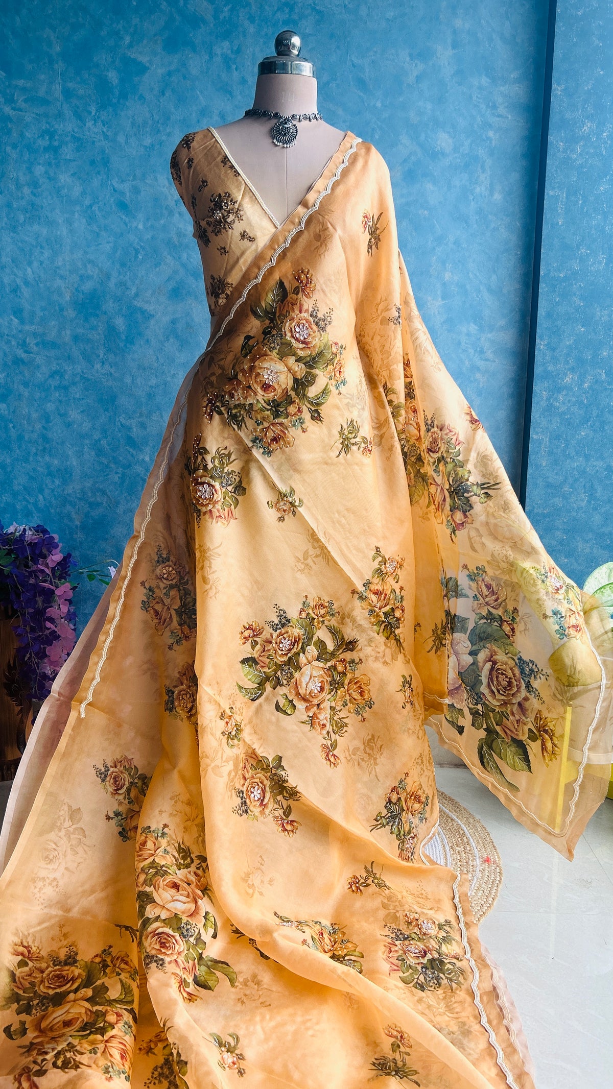 Coral Peach Kora Handwoven Pure Silk by Silk Sari — view 2