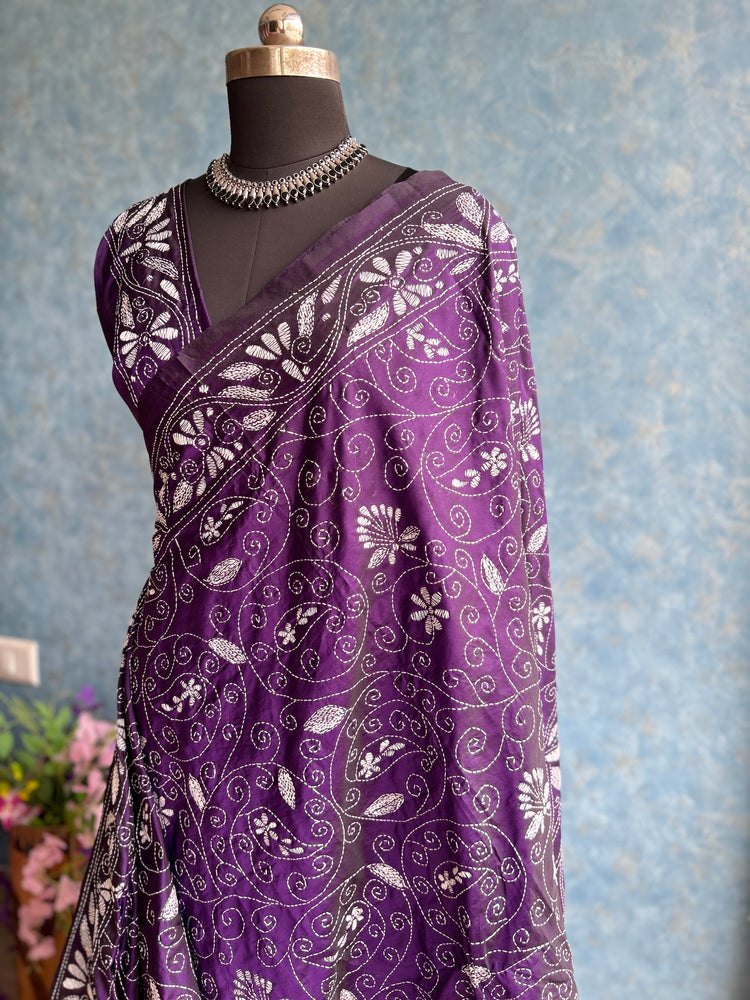 Mauve - Kantha Stitched Blended Silk Saree