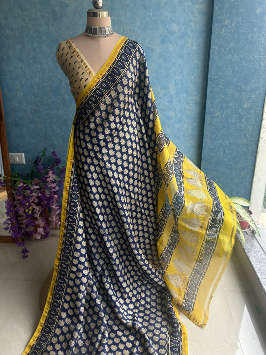 Midnight Hand Block Printed Chanderi Sar