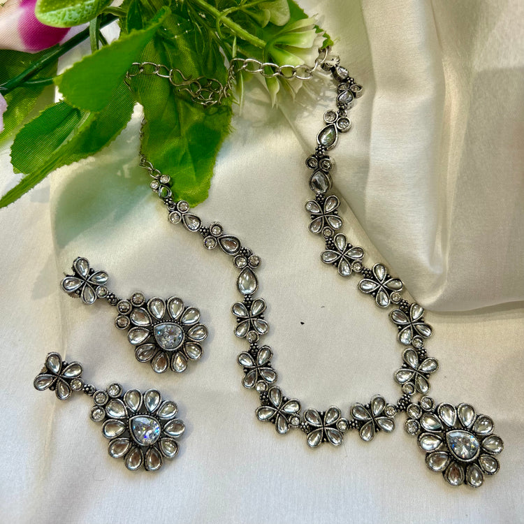 Silver Stone Oxidised Necklace Set