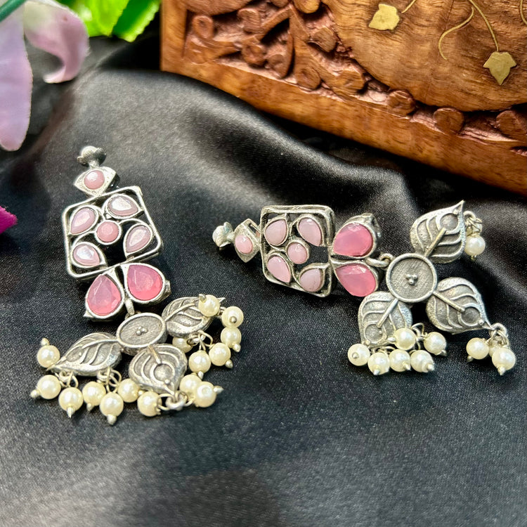 Pastle Pink Silver Oxidised Earrings