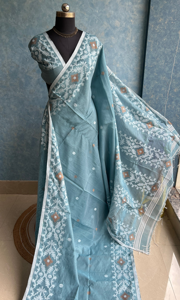 Marble Grey Blue Handloom Jamdani Saree