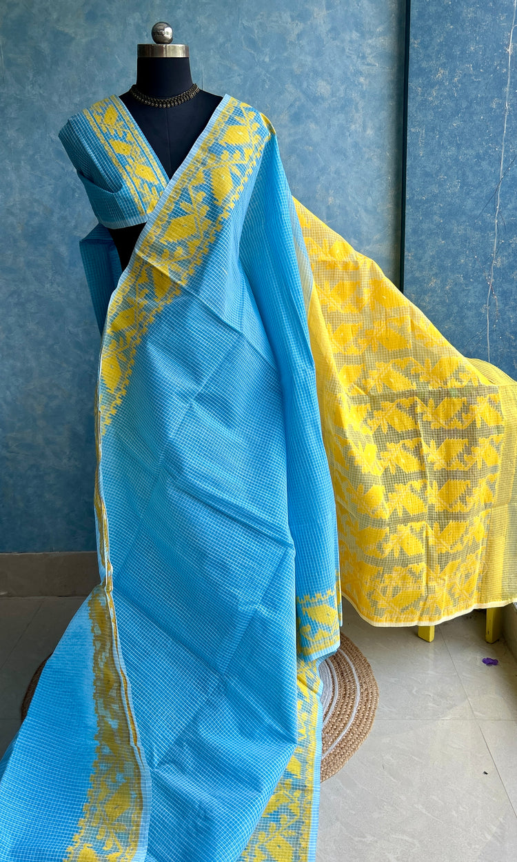 Sky Blue & Yellow Semi Hard Dhakai Jamdani