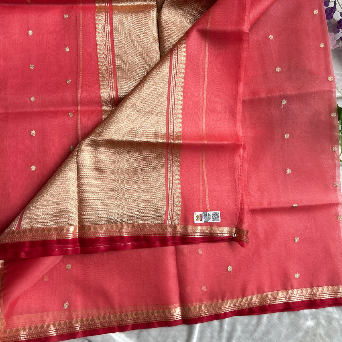 Warm Salmon Pure Kora Banarasi Silk Saree — view 3