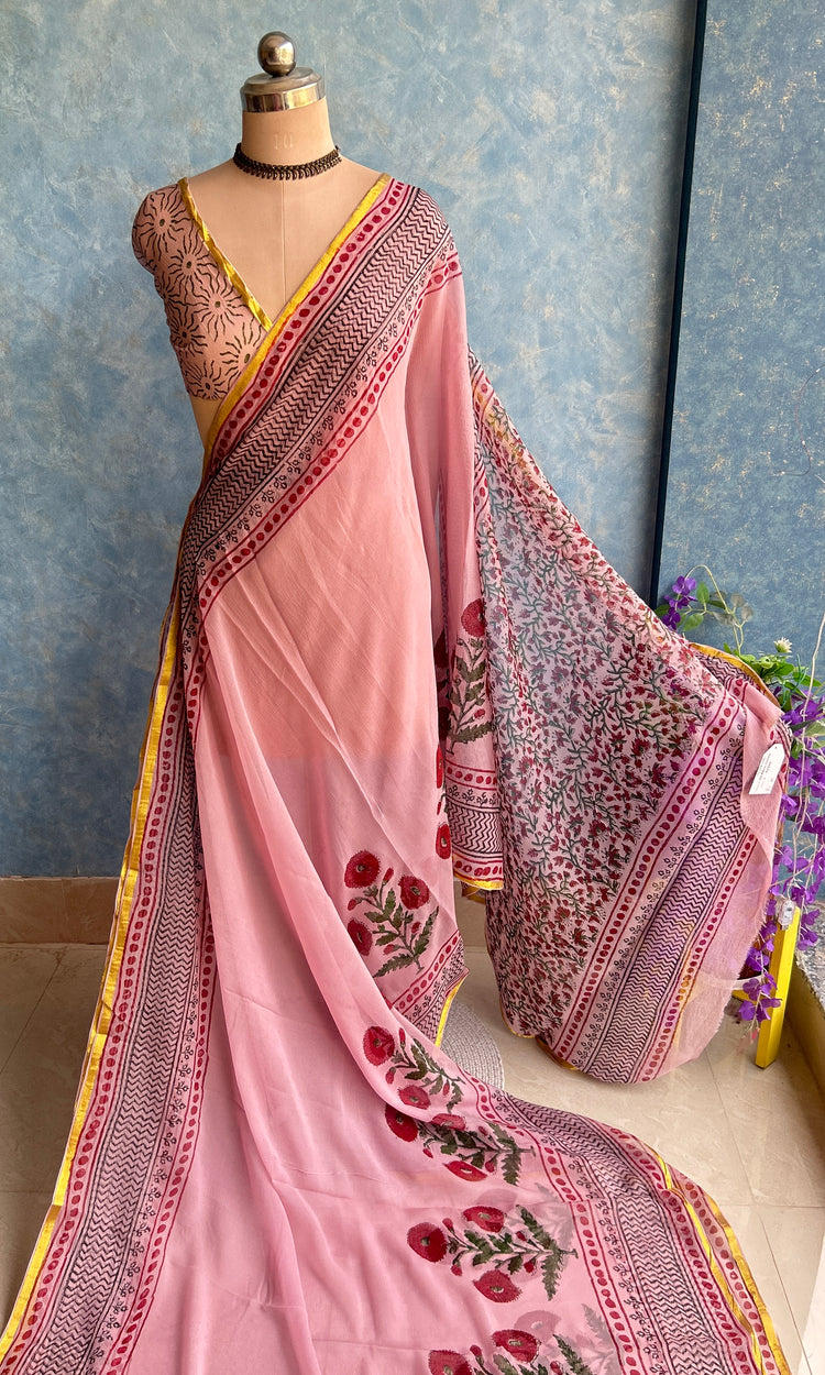 Chiffon Handblock Printed Saree