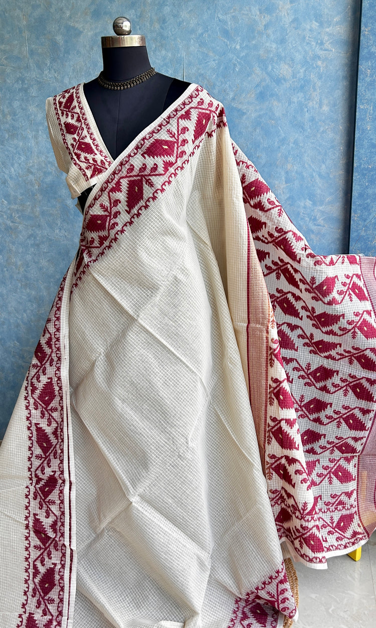Off-White Maroon Traditional Jamdani