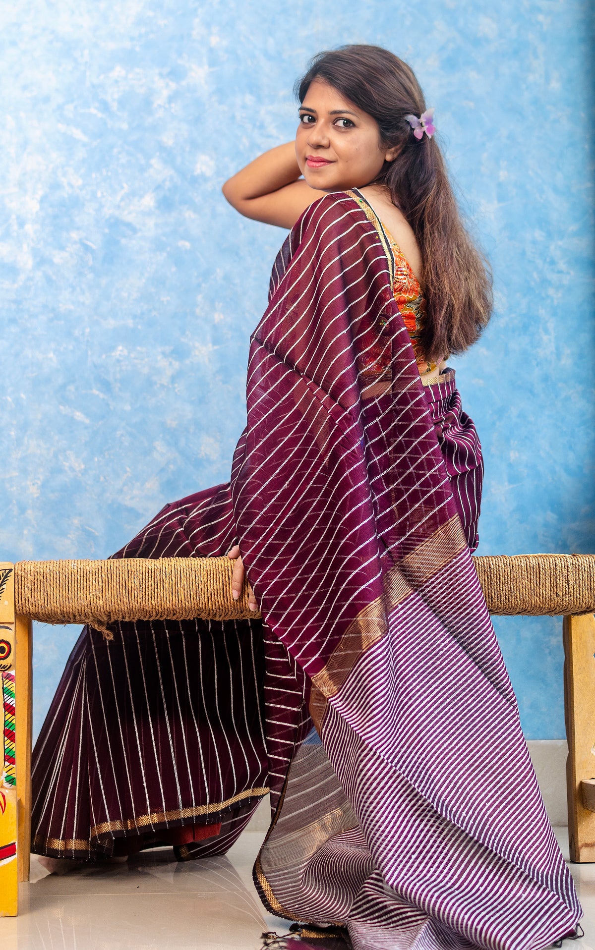 Burnt Marron Handwoven Maheshwari Sari — view 3
