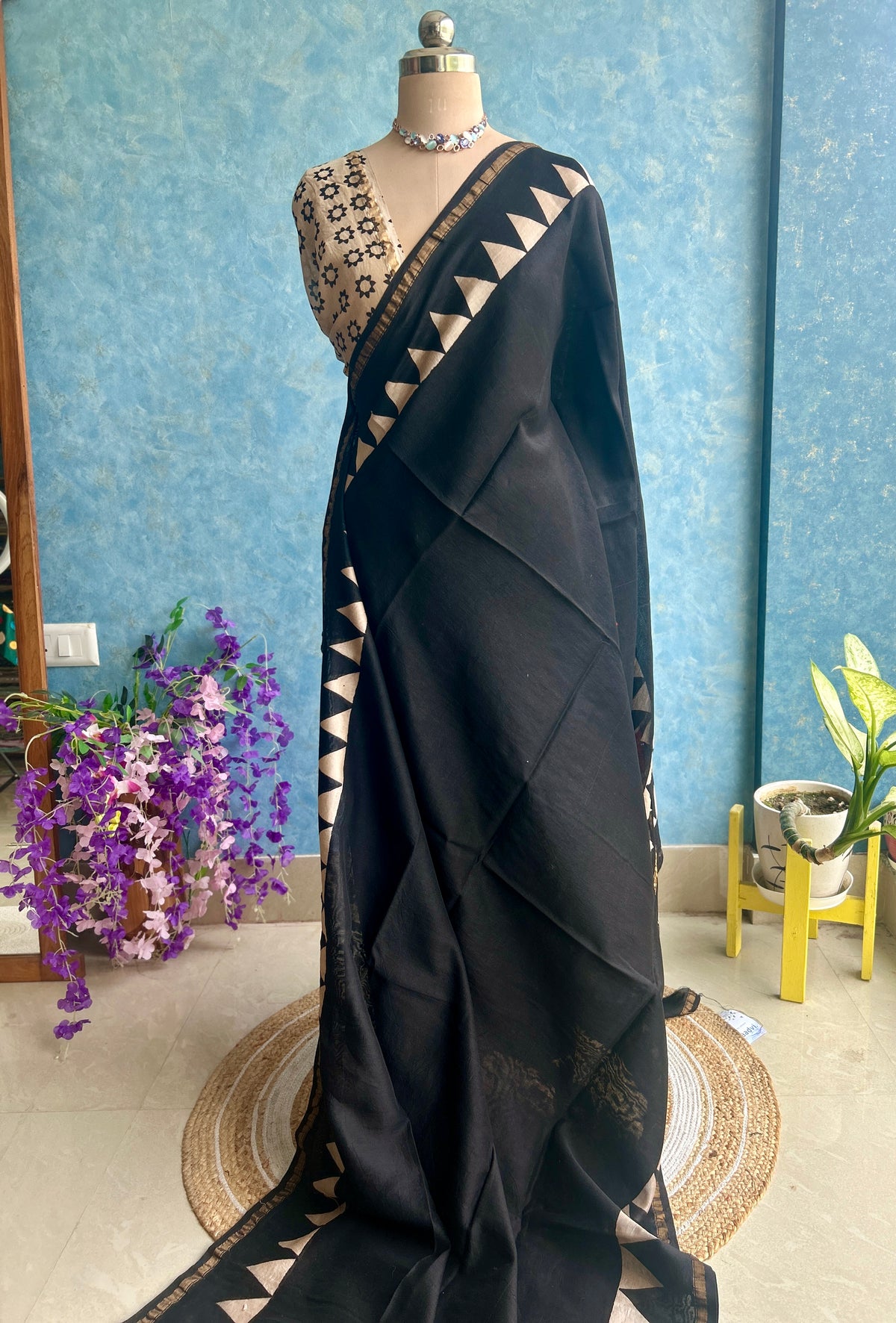Black Hand Block Printed Chanderi Sari — view 3