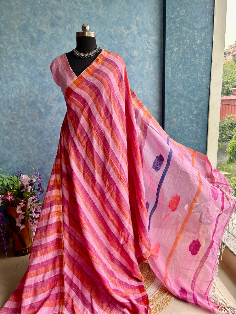 Multi Shades Linen Handloom Saree