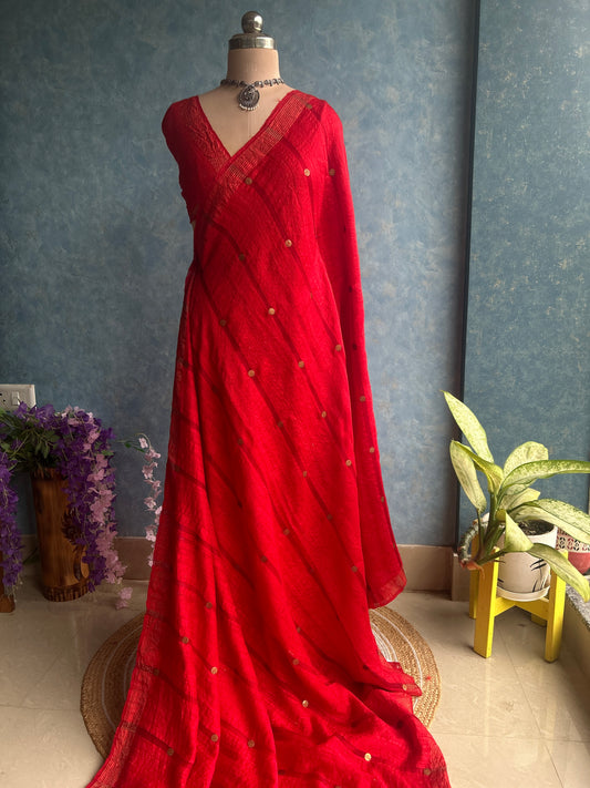 Candy Red Handloom Matka Muslin Silk Sari
