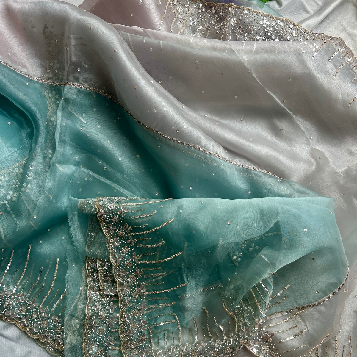Aqua and Perl Colour Hand Embroidery on Organza Sari — view 2