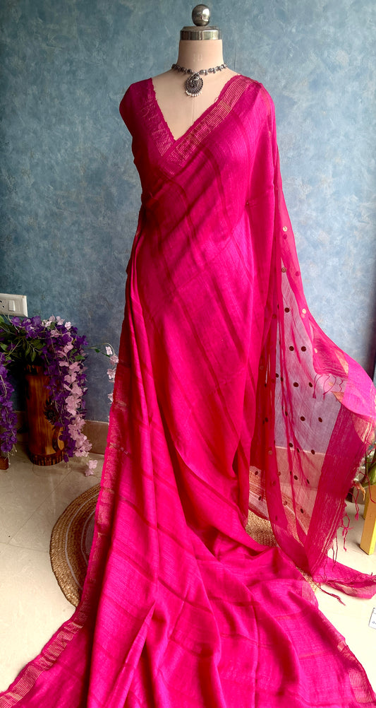 Magenta Handloom Matka Muslin Silk Sari