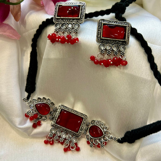 Maroon Kundan Oxidised Choker Set