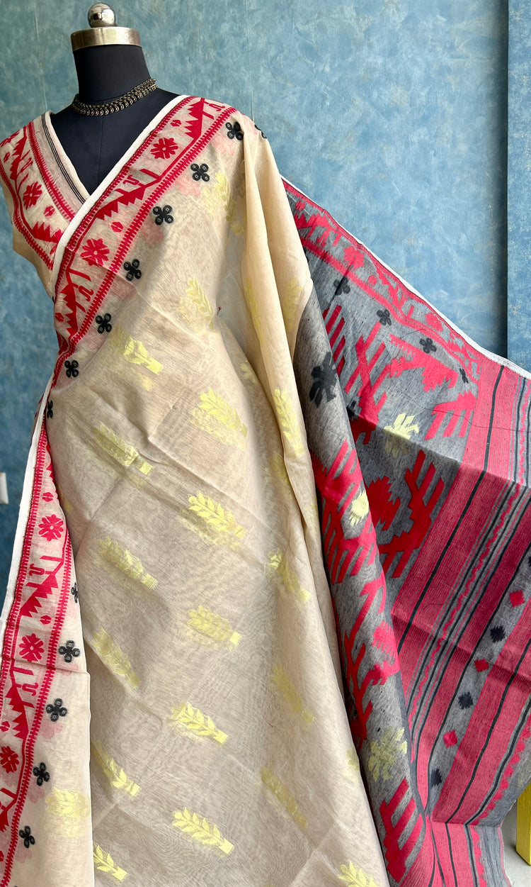 Ganga-Jamuna - Beige with Red & Black Dual Border Jamdani