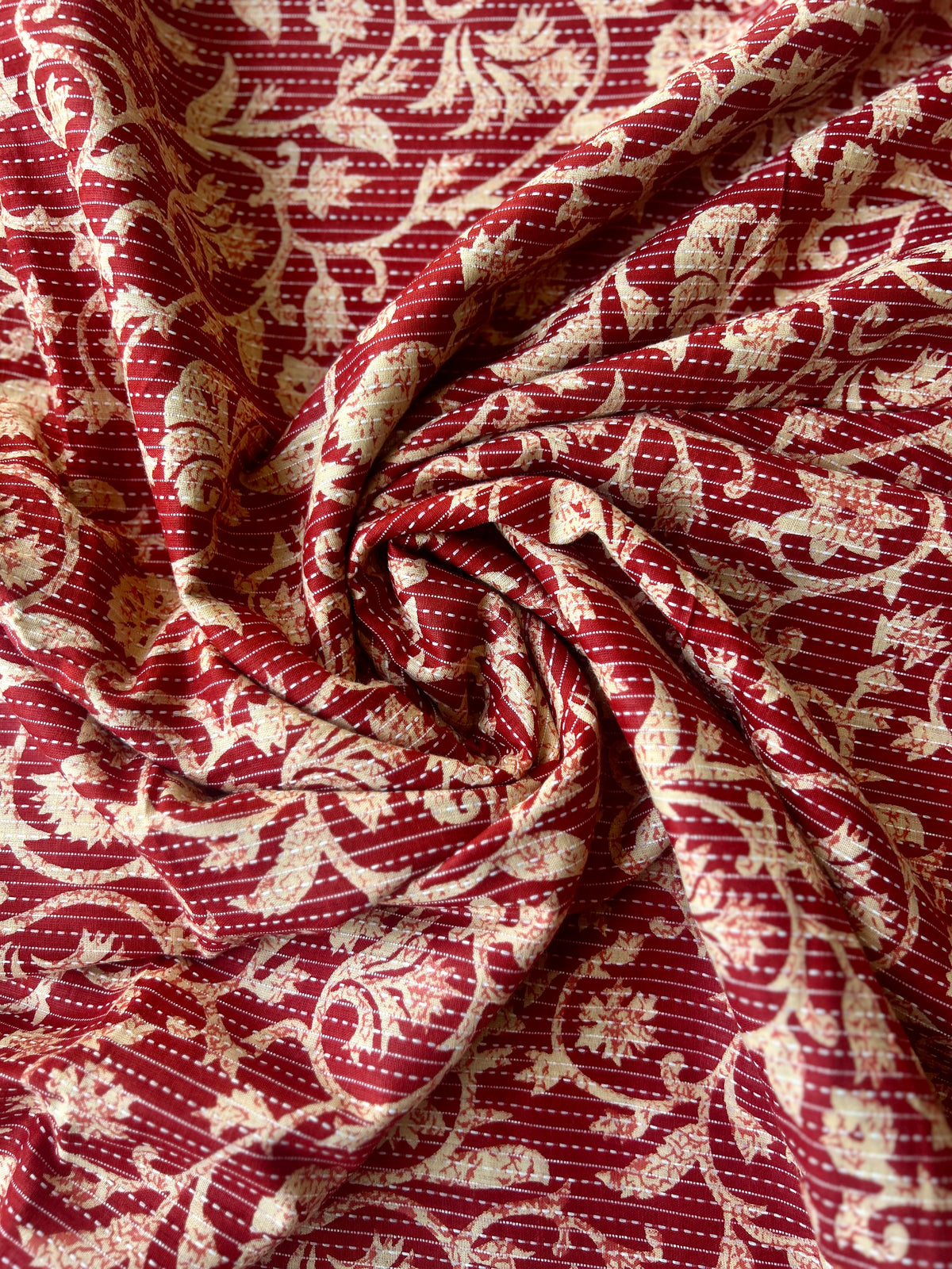 Red Ajrakh Print with kantha stitch on Cotton Fabric — view 2