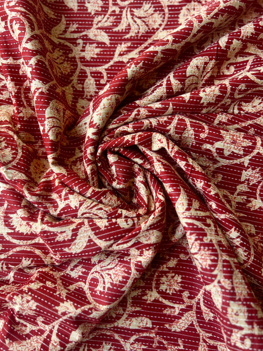 Red Ajrakh Print with kantha stitch on Cotton Fabric
