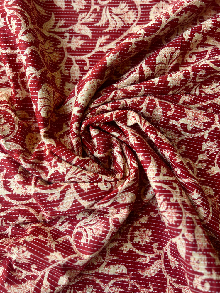 Red Ajrakh Print with kantha stitch on Cotton Fabric