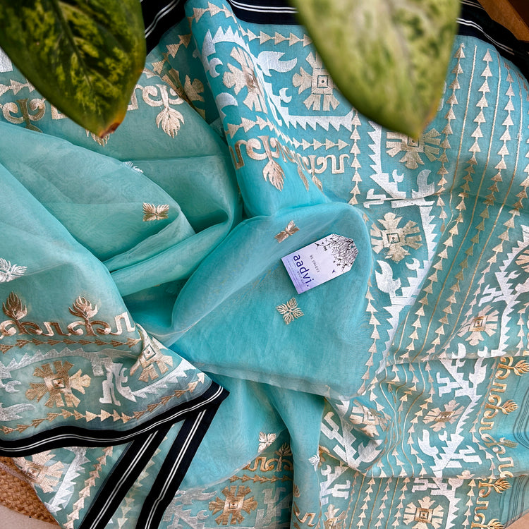 Mint Resham Silk Muslin Jamdani Saree