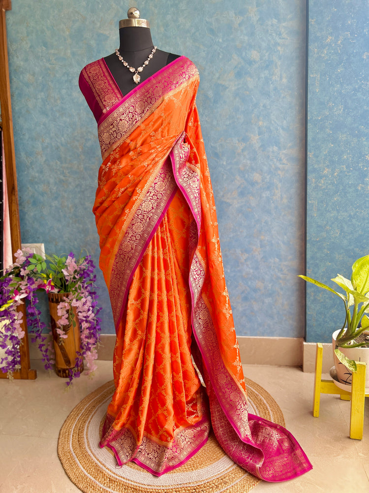 Pink Orange Shaded Crepe Banarasi Sari